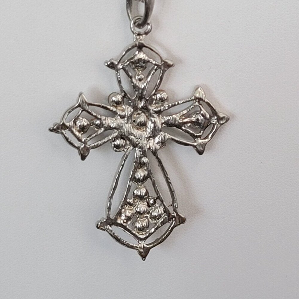 Silver Tone Round Link Chain Cross Pendant Rhinestone Fashion Necklace 22 in - Picture 6 of 9
